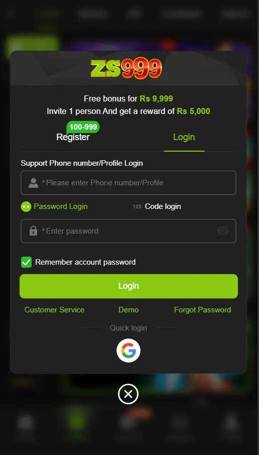 Login to zs999 and start earning